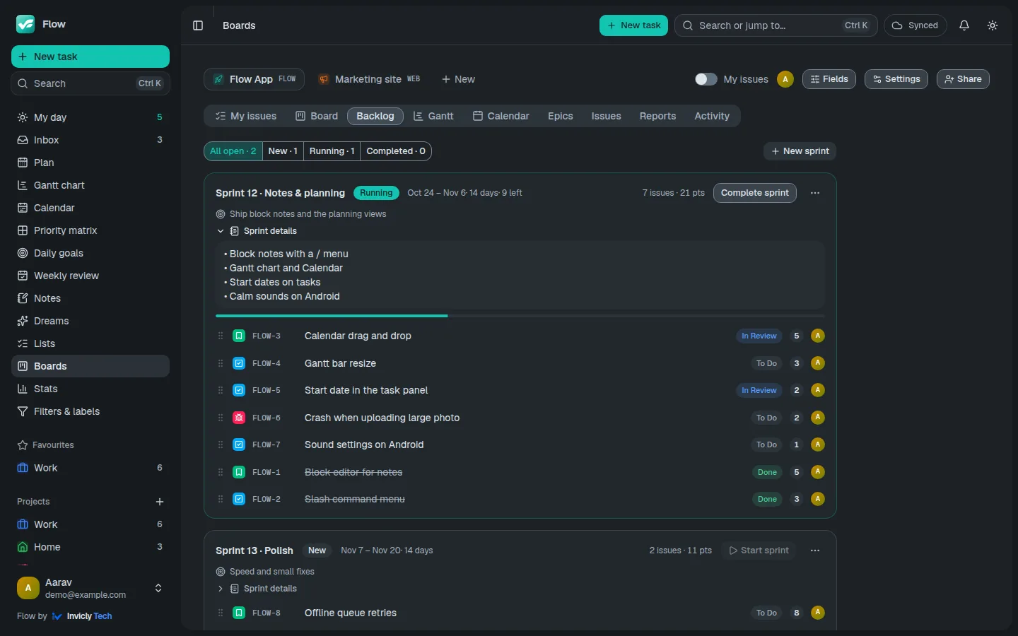 The backlog: a running sprint with its goal, details and progress bar, its issues with statuses and points, and the next sprint