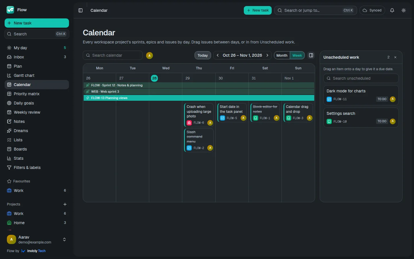 The Calendar: a month with sprint and epic banners, issues on their due days, and the Unscheduled work list beside it