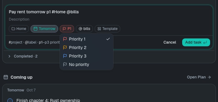 The task composer with the project picker open: Inbox, Work, Home, Health and Learning, with chips for the date, priority P1 and the label #bills