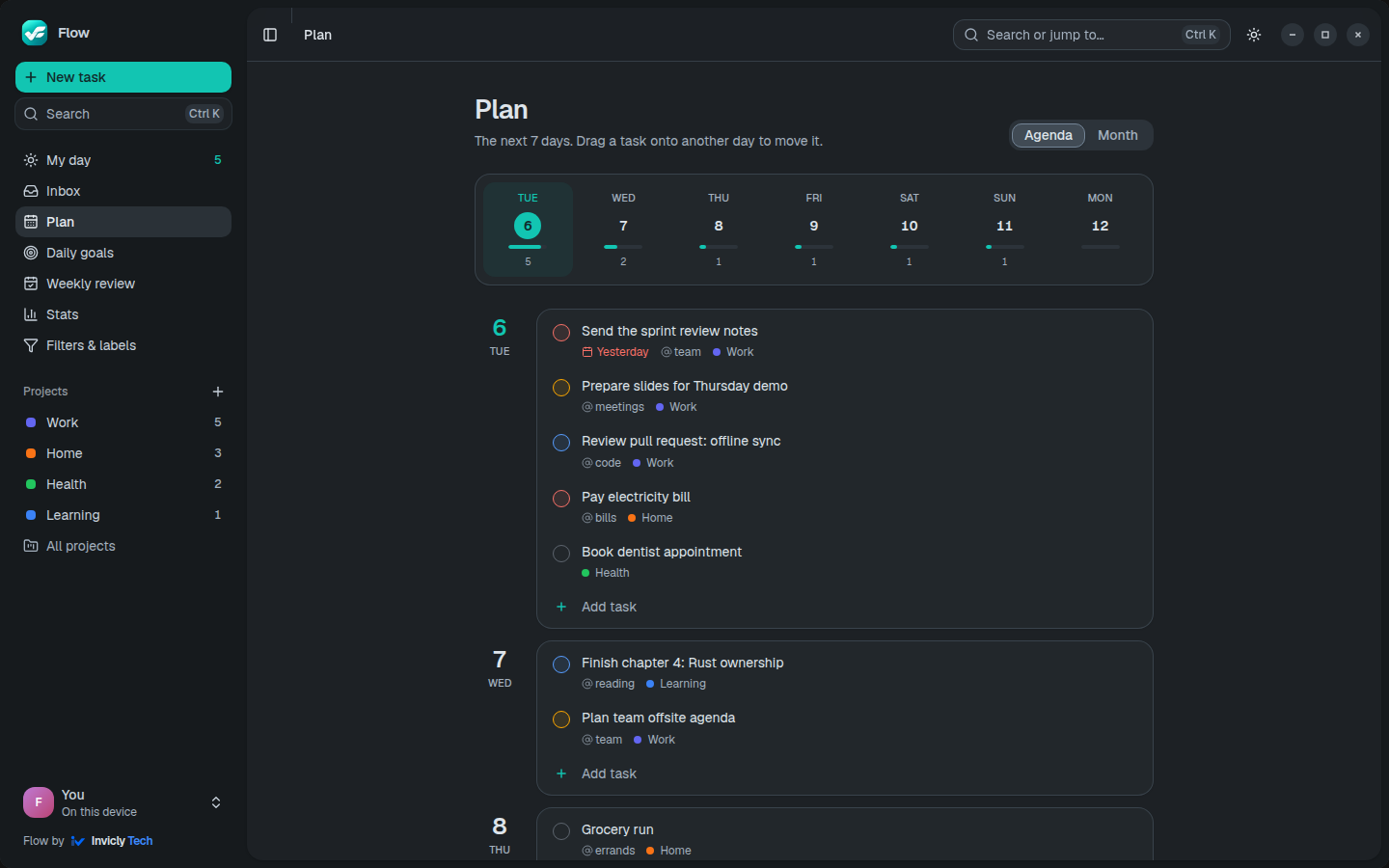 The Plan view: a week strip with a workload bar per day, and today’s tasks with their labels and projects